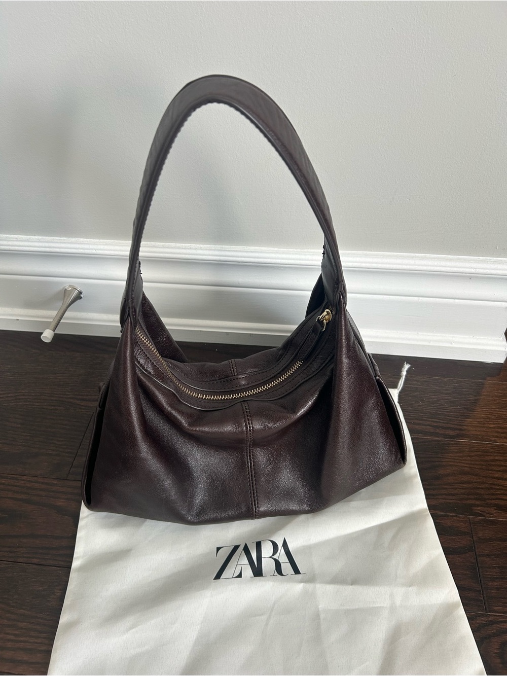 ZARA Chocolate Brown Leather Shoulder Hobo Bag